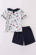 Load image into Gallery viewer, Navy sailboat print boy set
