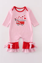 Load image into Gallery viewer, Valentine&#39;s day fire truck applique girl romper
