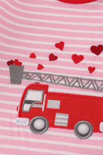 Load image into Gallery viewer, Valentine&#39;s day fire truck applique girl romper
