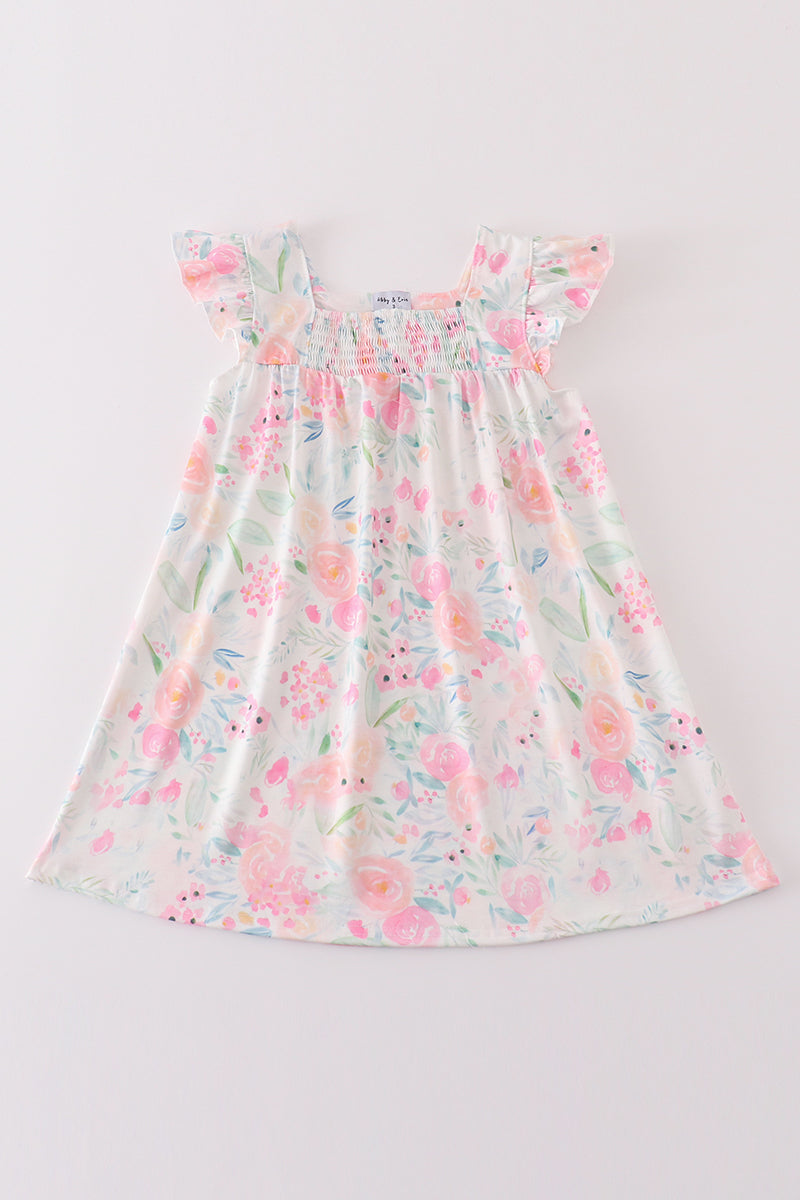 Pink Pastel Meadow print smocked girl dress