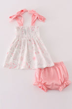 Load image into Gallery viewer, Pink Blush Meadow smocked girl bloomer set
