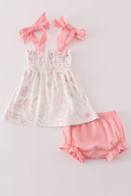 Load image into Gallery viewer, Pink Blush Meadow smocked girl bloomer set
