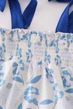 Load image into Gallery viewer, Blue Porcelain Petals print smocked girl bloomer set
