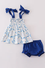 Load image into Gallery viewer, Blue Porcelain Petals print smocked girl bloomer set
