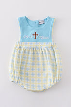 Load image into Gallery viewer, Yellow plaid he is risen embroidery boy bubble
