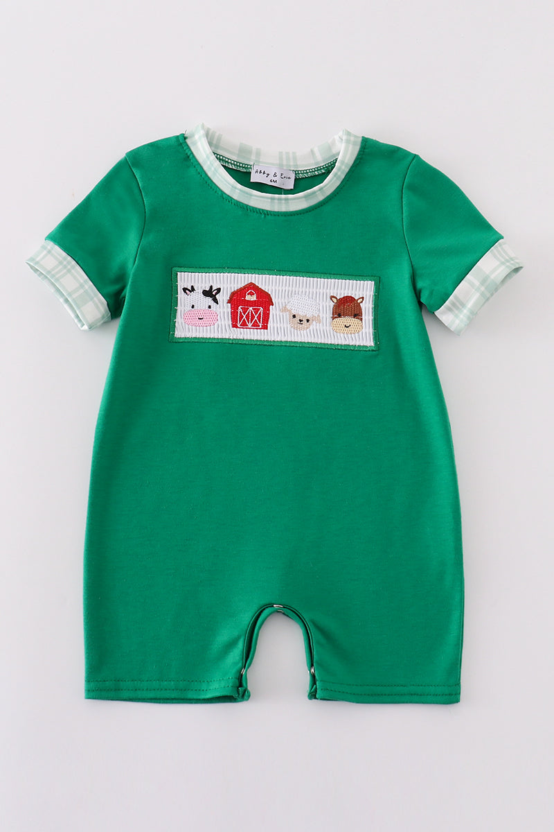 Green farm embroidery smocked boy romper