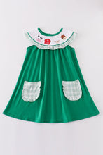 Load image into Gallery viewer, Green farm embroidery smocked girl dress
