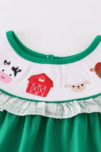 Load image into Gallery viewer, Green farm embroidery smocked girl dress
