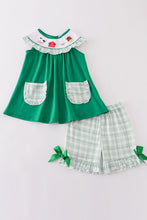 Load image into Gallery viewer, Green farm embroidery smocked girl set
