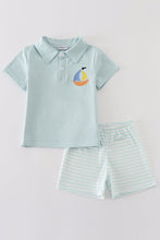 Load image into Gallery viewer, Blue stripe sailboat embroidery boy set
