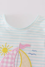 Load image into Gallery viewer, Blue stripe sailboat embroidery girl set
