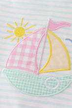 Load image into Gallery viewer, Blue stripe sailboat embroidery girl set
