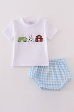 Load image into Gallery viewer, Blue farm embroidery boy bloomer set
