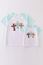 Load image into Gallery viewer, White cross he is risen glitter embroidery mom&amp;me top
