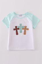 Load image into Gallery viewer, White cross he is risen glitter embroidery mom&amp;me top
