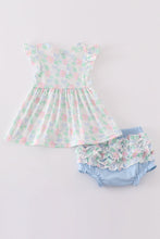 Load image into Gallery viewer, Blue floral bow print girl bloomer set
