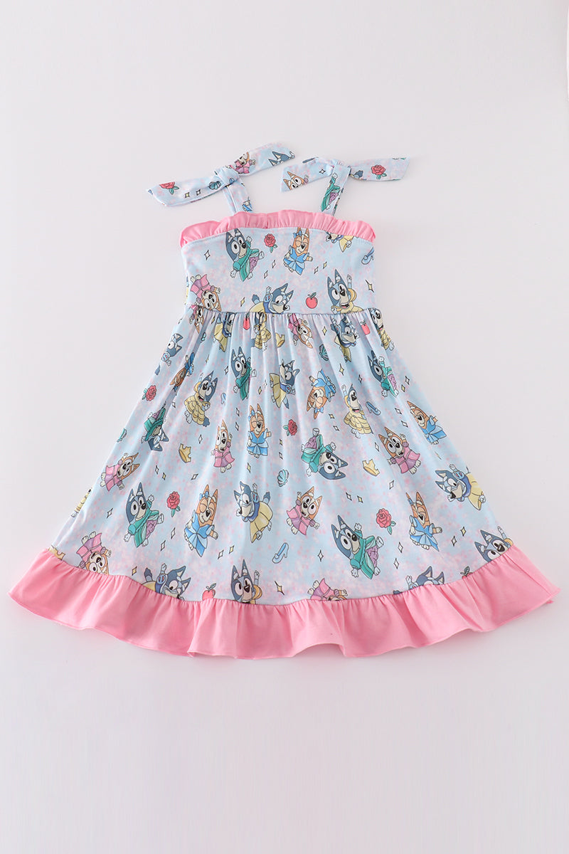 Pink character print ruffle girl dress