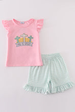 Load image into Gallery viewer, Pink easter he is risen applique girl set
