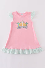 Load image into Gallery viewer, Pink easter he is risen applique girl dress
