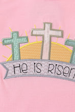 Load image into Gallery viewer, Pink easter he is risen applique girl dress
