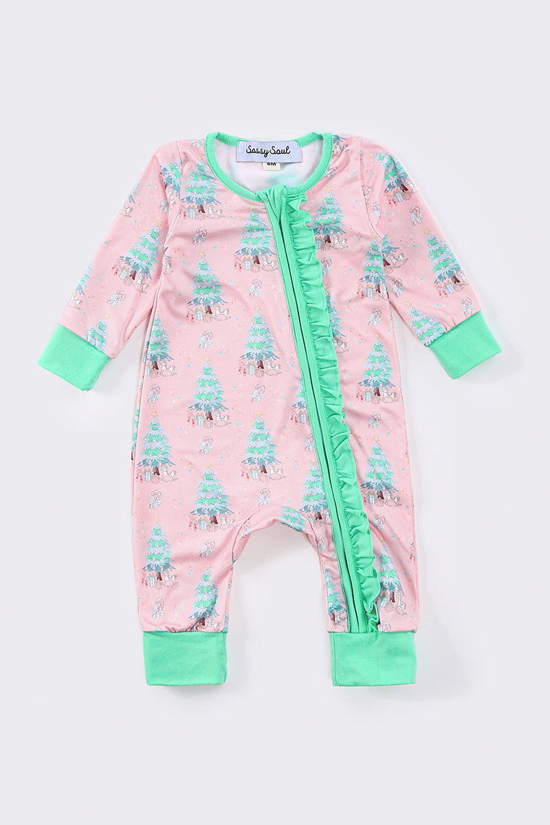 Pink christmas tree print girl romper