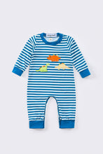 Load image into Gallery viewer, Blue stripe dinosaur applique boy romper
