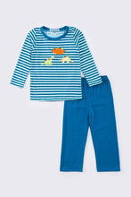 Load image into Gallery viewer, Blue stripe dinosaur applique boy set
