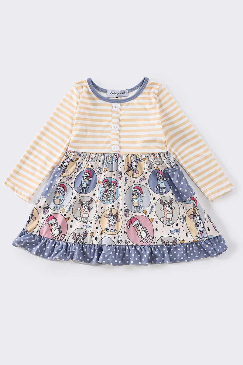 Beige stripe christmas character dress