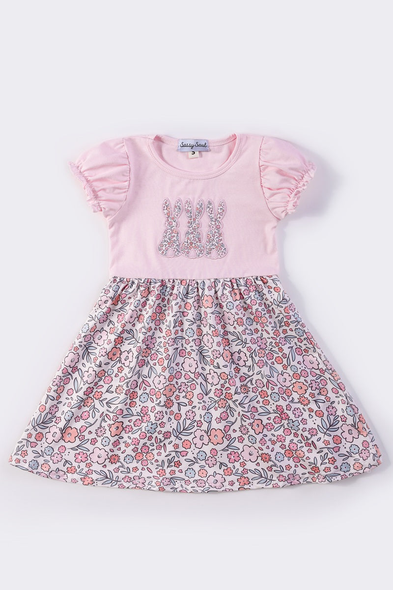 Pink bunny applique floral girl dress