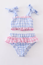 Load image into Gallery viewer, Blue seersucker gingham 2pc swimsuit
