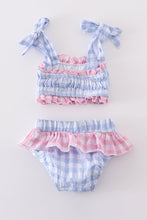 Load image into Gallery viewer, Blue seersucker gingham 2pc swimsuit
