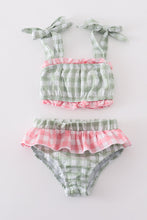 Load image into Gallery viewer, Green seersucker gingham 2pc girl swimsuit
