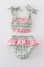 Load image into Gallery viewer, Green seersucker gingham 2pc girl swimsuit
