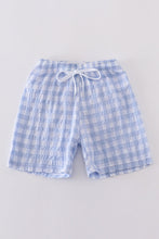 Load image into Gallery viewer, Blue seersucker gingham boy swim trunks
