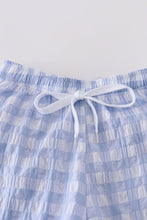 Load image into Gallery viewer, Blue seersucker gingham boy swim trunks
