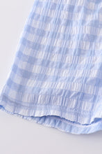 Load image into Gallery viewer, Blue seersucker gingham boy swim trunks
