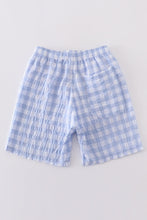 Load image into Gallery viewer, Blue seersucker gingham boy swim trunks
