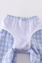 Load image into Gallery viewer, Blue seersucker gingham boy swim trunks
