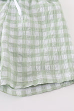 Load image into Gallery viewer, Green seersucker gingham boy swim trunks
