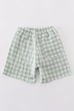 Load image into Gallery viewer, Green seersucker gingham boy swim trunks
