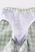 Load image into Gallery viewer, Green seersucker gingham boy swim trunks
