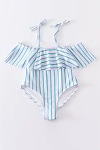 Load image into Gallery viewer, Blue stripe strap girl swimsuit one piece UPF50+
