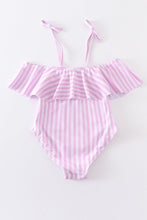 Load image into Gallery viewer, Pink stripe strap girl swimsuit one piece UPF50+
