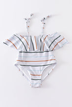 Load image into Gallery viewer, Organic rainbow stripe strap girl swimsuit one piece UPF50+
