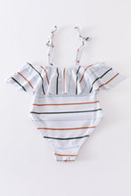 Load image into Gallery viewer, Organic rainbow stripe strap girl swimsuit one piece UPF50+
