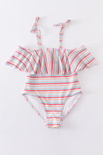 Load image into Gallery viewer, Rainbow stripe strap girl swimsuit one piece UPF50+
