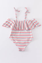 Load image into Gallery viewer, Rainbow stripe strap girl swimsuit one piece UPF50+
